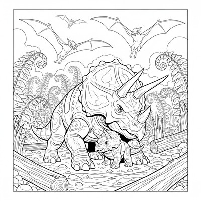 Triceratops som skyddar sin unge; ormbunksskog, fallna stockar, pterosaurier på himlen