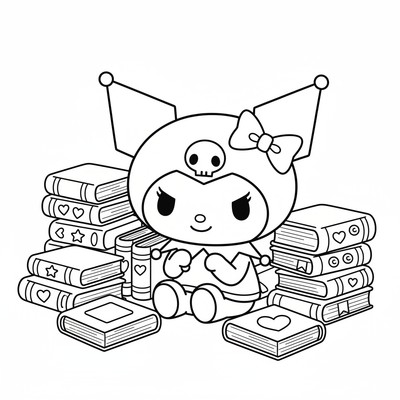 Kuromi i bibliotek med böcker