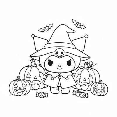 Kuromi i halloweenmiljö med pumpor