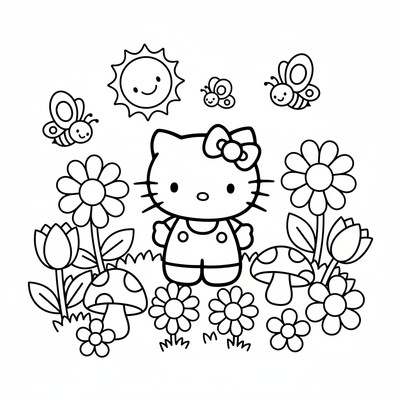 Hello Kitty i trädgården med blommor