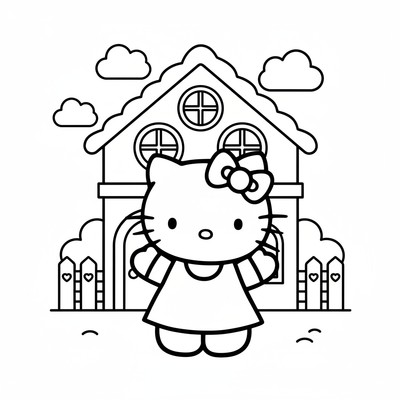 Hello Kitty framför sitt hus