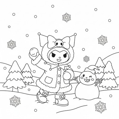 Kuromi i vinterkläder med snö