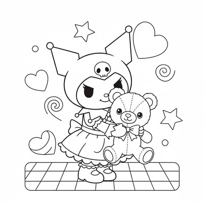 Kuromi som kramar en nalle