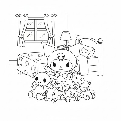 Kuromi i sovrum med mjukdjur