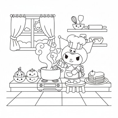 Kuromi i kök som lagar mat