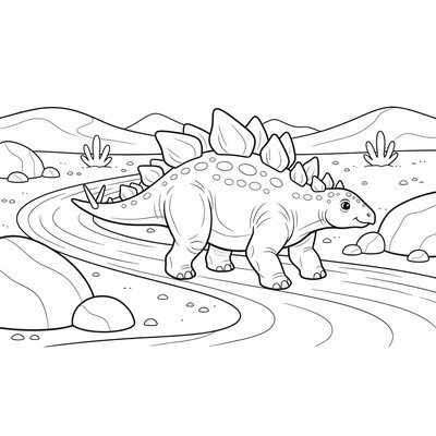 Stegosaurus går över en bred sandstig med stenblock