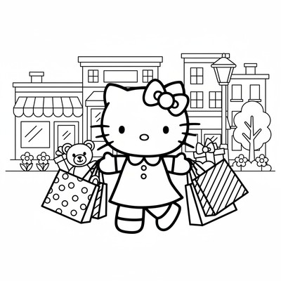 Hello Kitty som shoppar med kassar