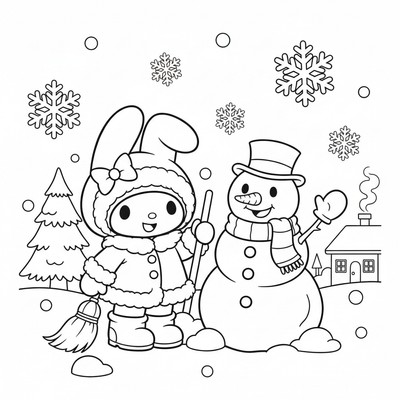 My Melody i vinterkläder med snögubbe