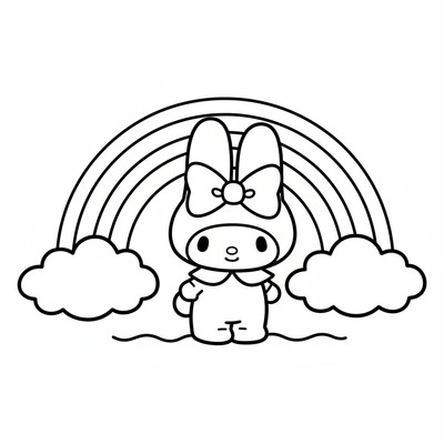 My Melody med regnbåge i bakgrunden