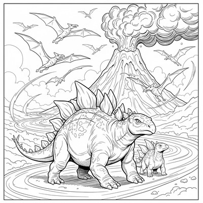 Förhistorisk dal: stegosaurus med unge, flod, vulkanrök, flyttfåglar/pterosaurier