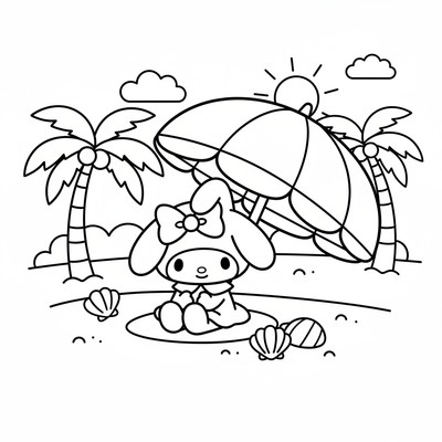 My Melody på stranden med parasoll