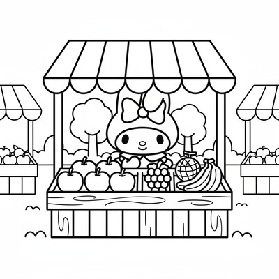My Melody på marknad med frukter