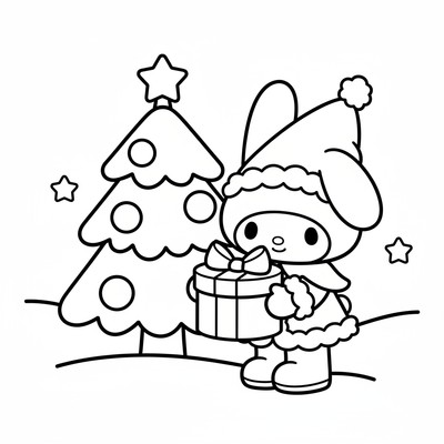 My Melody i tomtekläder vid gran