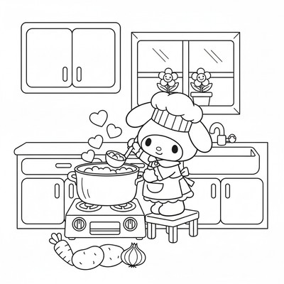 My Melody i kök som lagar soppa