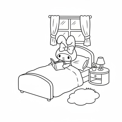 My Melody i sovrum med bok