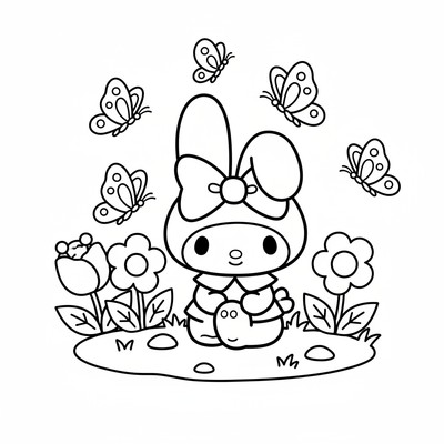 My Melody i trädgården med fjärilar