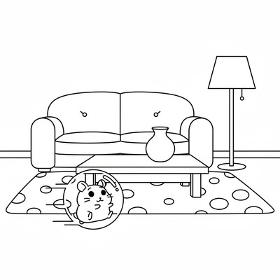 Hamtaro som rullar runt i en hamsterboll genom vardagsrummet.