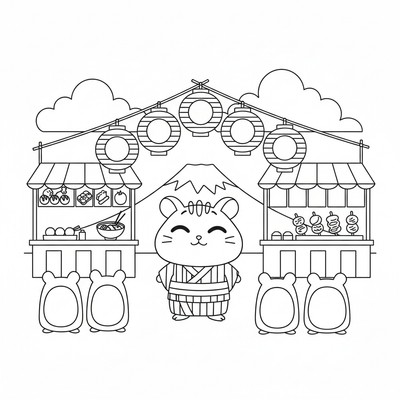 Hamtaro på festival i Japan med lyktor och matstånd.