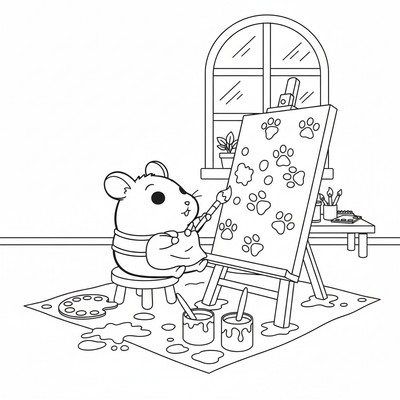 Hamtaro som målar en tavla med små tassavtryck.
