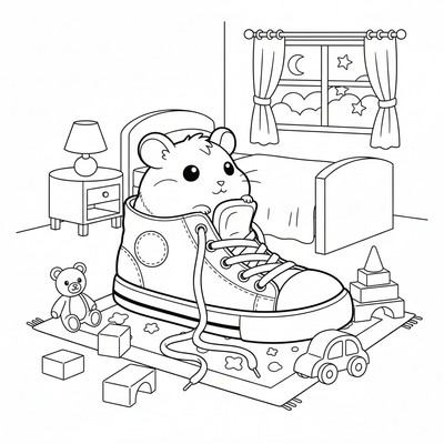 Hamtaro som gömmer sig i en gammal sko i barnrummet.