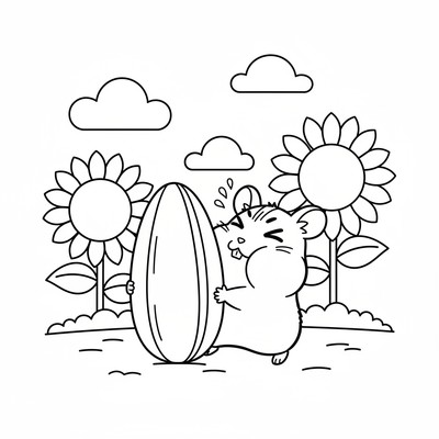 Hamtaro som försöker bära en solrosfrö tre gånger större än sig själv.