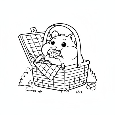 Hamtaro som smyger in i en picknickkorg och äter kakor.