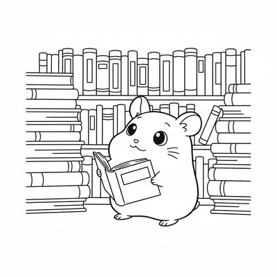 Hamtaro på bibliotek där böckerna är högre än honom själv.