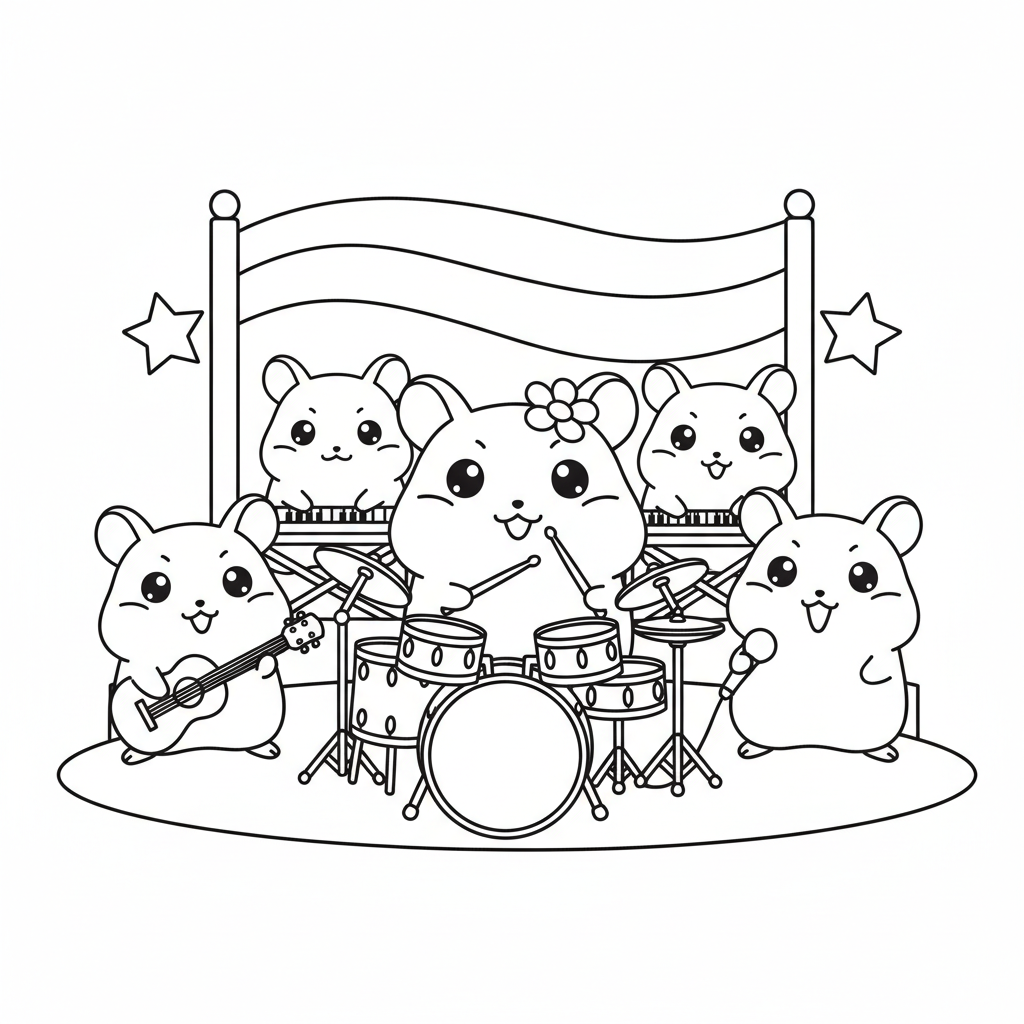 Hamtaro som spelar minitrummor i ett band med andra hamstrar.