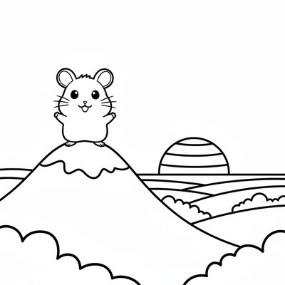 Hamtaro på en bergstopp med utsikt över solnedgången.