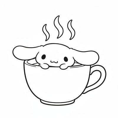 Cinnamoroll som vilar i en tekopp med ånga.