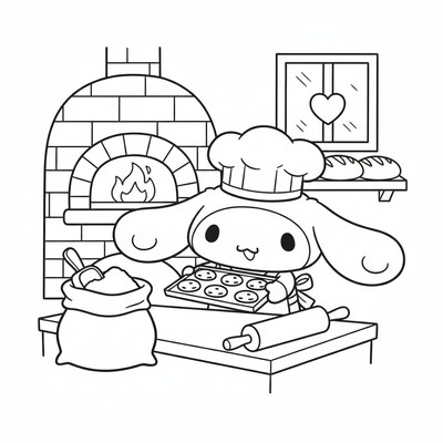 Cinnamoroll som jobbar i ett litet bageri.