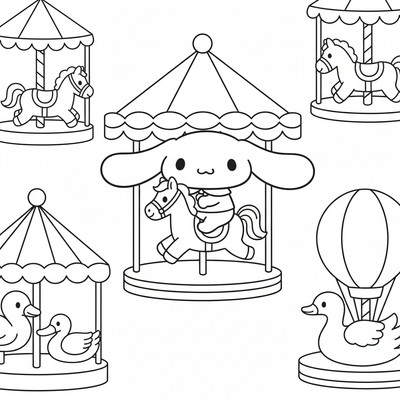 Cinnamoroll på tivoli med karuseller runtom.