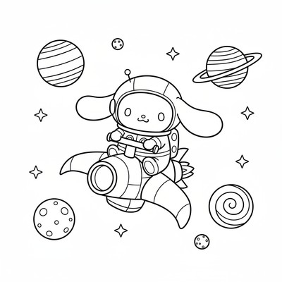 Cinnamoroll på rymdäventyr med planeter runtom.