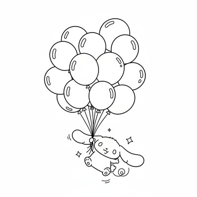 Cinnamoroll som försöker hålla i för många ballonger och flyger iväg.