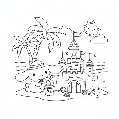 Cinnamoroll som bygger sandslott på stranden