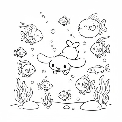 Cinnamoroll som dyker bland färgglada fiskar