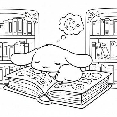 Cinnamoroll som somnar på en bok i biblioteket