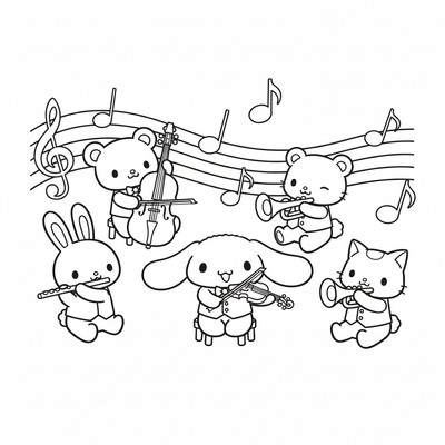 Cinnamoroll som spelar fiol i en orkester