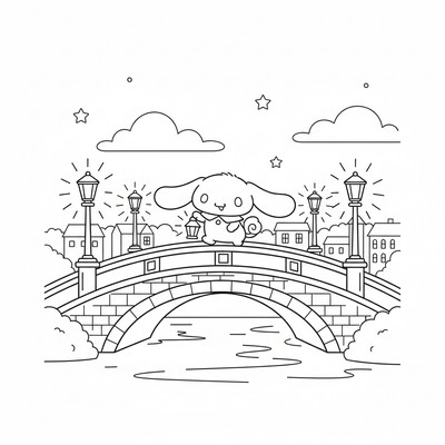 Cinnamoroll på en bro med lampor i kvällsljus