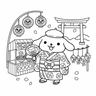 Pompompurin i kimono på sommarfestival