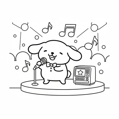 Pompompurin som sjunger karaoke