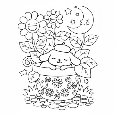 Pompompurin som somnar i en blomsterkruka