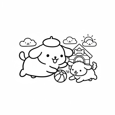 Pompompurin som leker med hundvalp