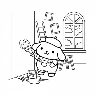 Pompompurin som målar en vägg