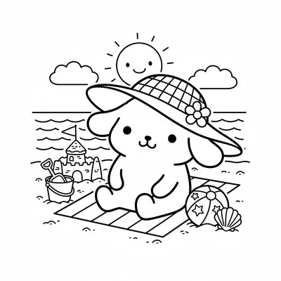 Pompompurin på stranden med solhatt