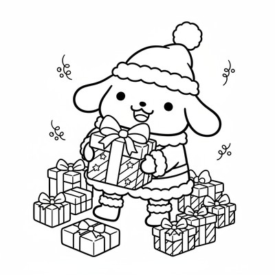 Pompompurin i tomtekläder med paket