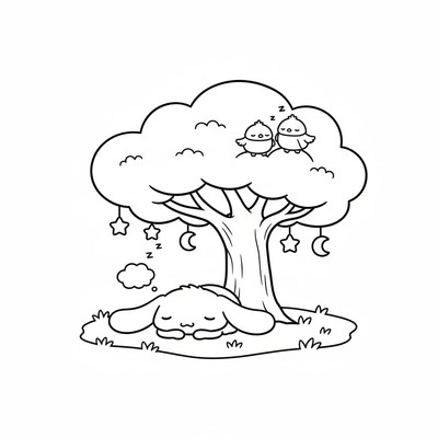 Cinnamoroll som somnar under ett stort träd