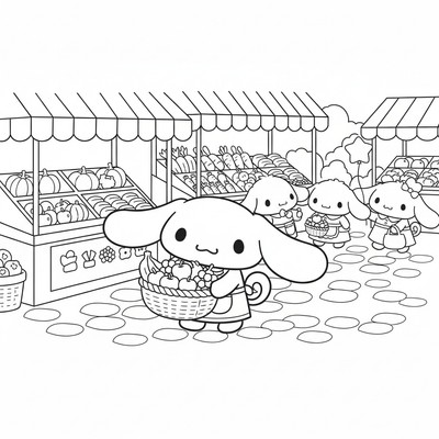 Cinnamoroll på marknad med korg full av frukt