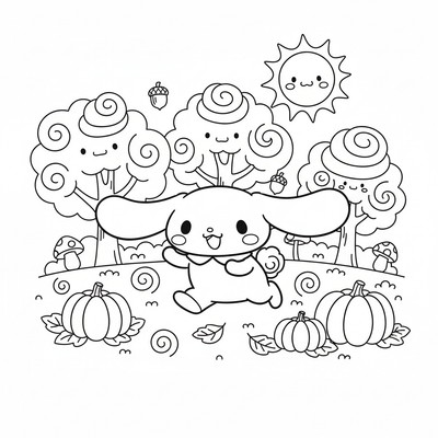 Cinnamoroll som springer genom ett höstlandskap