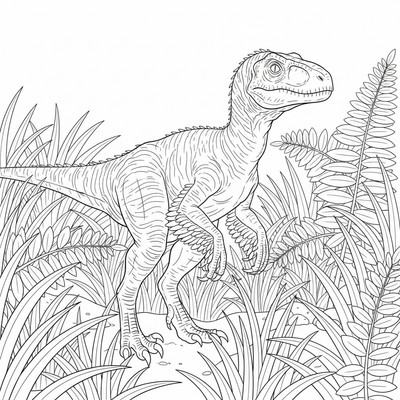 Velociraptor genom högt gräs med ormbunksblad